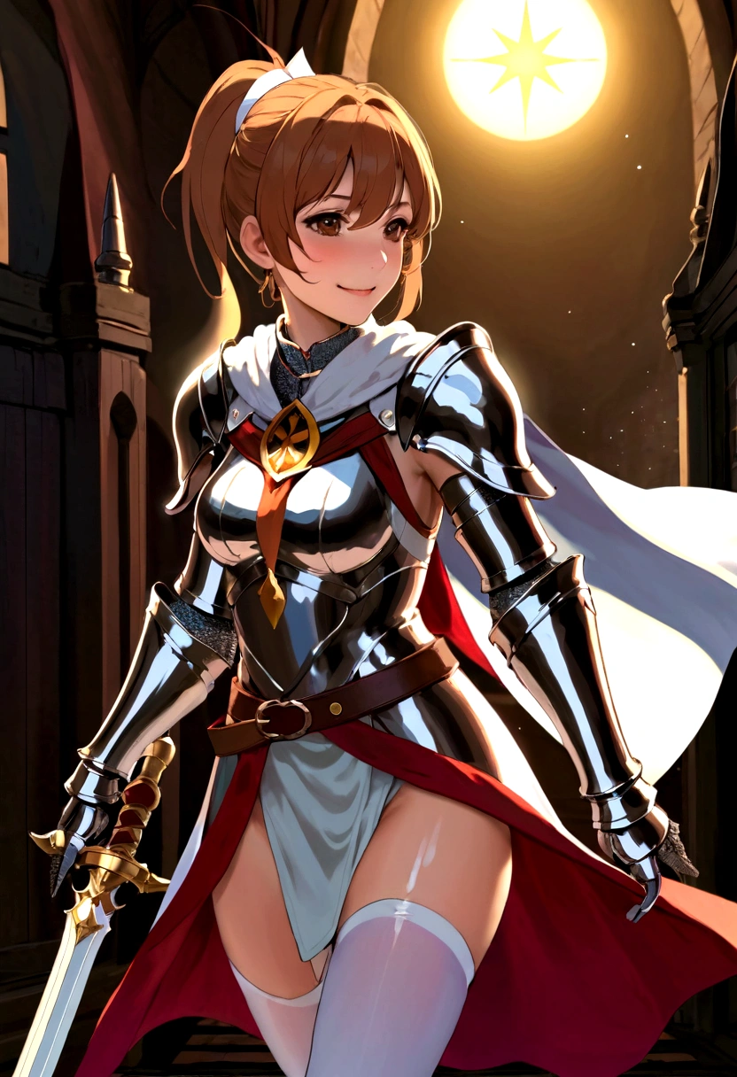 Asuna, Asuna_(Star), (1 Girl,Solitary) ,fantasy, high resolution, No.19, The original, (Wear at waist:1.3), Smile, (White Knight Wizard Cape:1.55), short hair, Medium breasts, Looking at the audience, Bangs ,Delicate hazel eyes, Beautiful background, ((morning sun,Western-style private room)), Put your hands on your chest,(Brown hair,Short Ponytail:1.5), (Platinum Knight Wizard Fully Armed:1.55),short hair, permanent,straight on, Abeke,(whole body:1.1), White stockings,(Abeke:1.4),