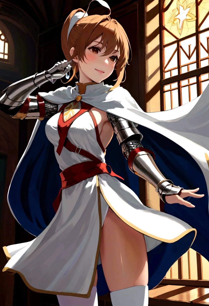 Asuna, Asuna_(Star), (1 Girl,Solitary) ,fantasy, high resolution, No.19, The original, (Wear at waist:1.3), Smile, (White Knight Wizard Cape:1.55), short hair, Medium breasts, Looking at the audience, Bangs ,Delicate hazel eyes, Beautiful background, ((morning sun,Western-style private room)), Put your hands on your chest,(Brown hair,Short Ponytail:1.5), (Platinum Knight Wizard Fully Armed:1.55),short hair, permanent,straight on, Abeke,(whole body:1.1), White stockings,(Abeke:1.4),