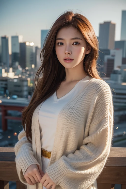 a young teenager with realistic auburn hair and grey eyes, beautiful detailed eyes, beautiful detailed lips, extremely detailed eyes and face, long eyelashes, photorealistic, 8k, high quality, cinematic lighting, realistic skin texture, intricate details, digital painting, concept art, dramatic lighting, warm color palette, natural lighting, Tokyo City background, highly detailed environment, gorgeous scenery, vibrant colors, exceptional detail, Japanese,  full body