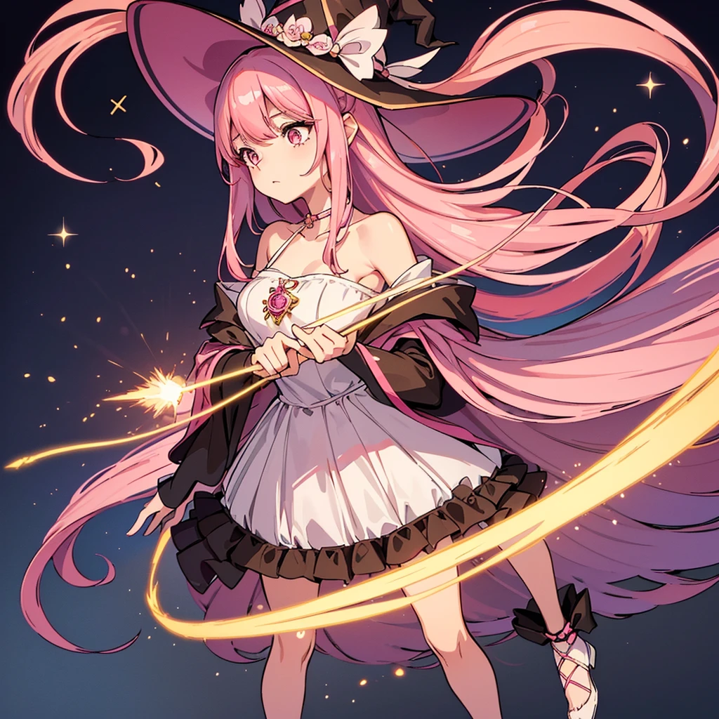 Highest quality, Best Quality,Best illustrations、(Pink Hair、Hime cut、Align your bangs)、(Witch Hat、Brown witch outfit)、(Grab the magic wand)、(The magic of light)、(White background)、(Shoulder-length hair、Mature 50 Year Old、Adult women、Sharp Eye)、(Full body character concept、detailed)