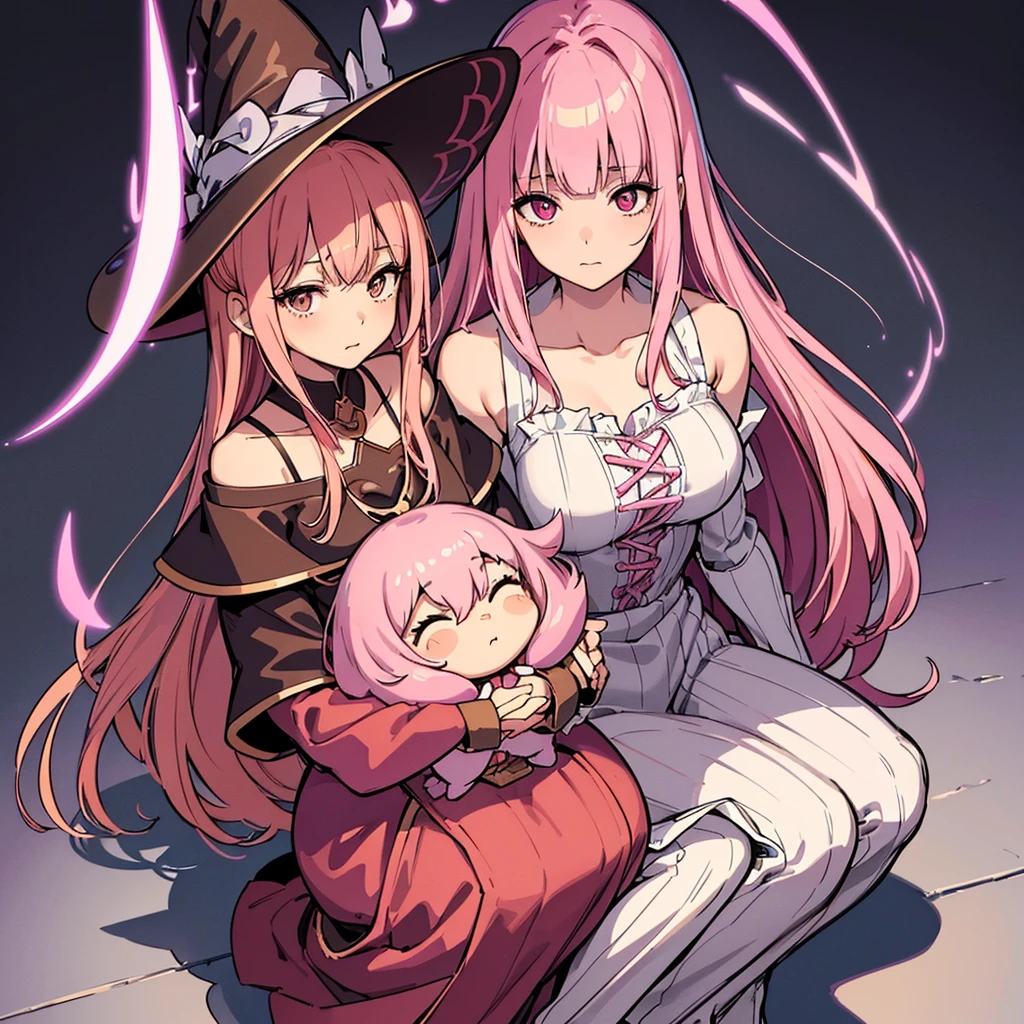 Highest quality, Best Quality,Best illustrations、(Pink Hair、Hime cut、Align your bangs)、(Witch Hat、Brown witch outfit)、(Grab the magic wand)、(The magic of light)、(White background)、(Shoulder-length hair、Mature 50 Year Old、Adult women、Sharp Eye)、(Full body character concept、detailed)