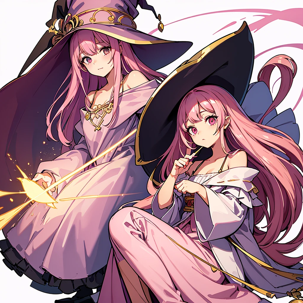 Highest quality, Best Quality,Best illustrations、(Pink Hair、Hime cut、Align your bangs)、(Witch Hat、Brown witch outfit)、(Grab the magic wand)、(The magic of light)、(White background)、(Shoulder-length hair、Mature 50 Year Old、Adult women、Sharp Eye)、(Full body character concept、detailed)