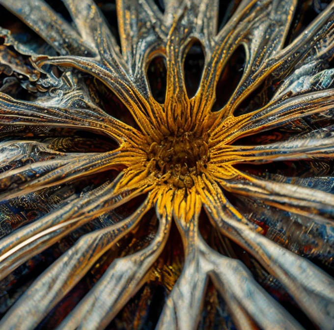  an intricate system of cables made of chromed steel, titanium, vanadium and iron, originating from a steel orange flower, dominant yellow and orange color tonality, growing on a fractal background, brilliant colours, masterpiece, highly detailed, 4k resolution,  3d modelling, digital art, abstract art