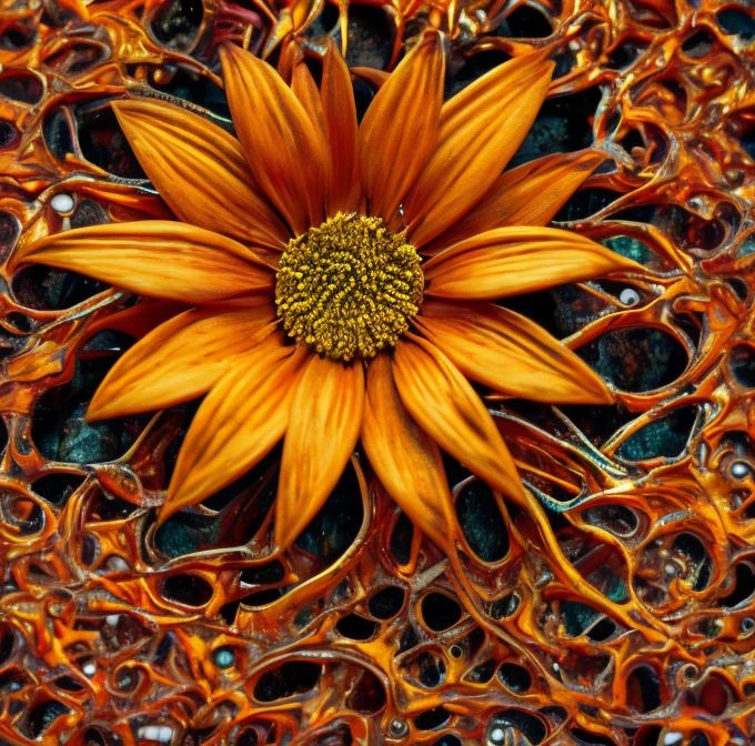  an intricate system of cables made of chromed steel, titanium, vanadium and iron, originating from a steel orange flower, dominant yellow and orange color tonality, growing on a fractal background, brilliant colours, masterpiece, highly detailed, 4k resolution,  3d modelling, digital art, abstract art