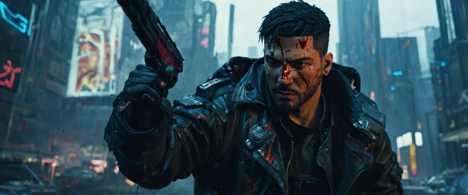 sh4g0d style cyberpunk agent,(Strong dynamic stance:1.5)，(struggle:1.3)，(blood spatter)，Strong，His face is very determined， 8k, super detailed, precise, best quality