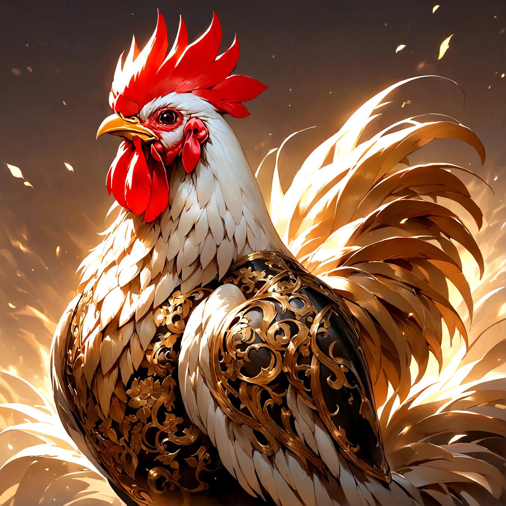A rooster made of iron,Rich in details,Lifelike,The surface shows a clear iron metallic luster。
