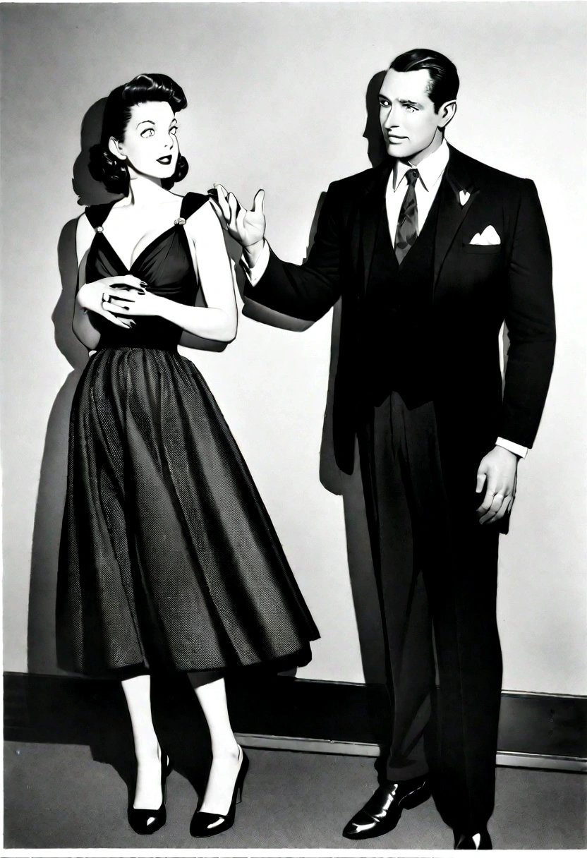 a man is holding a woman in a dress and a suit, vintage ????, publicity photo, old hollywood, poster shot, by Stan Galli, by George Hurrell, ???? film, 1940s photo, preston blair, promo photograph, irresistible, film noir, model pose, promo shot, by Pat Adams, by Dennis Ashbaugh, color, man slightly taller than woman