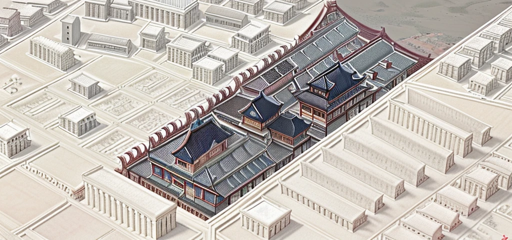 Top view，Aerial View，城市antiquity商业街，Highest quality，Chinese Ink Painting，antiquity,Decorative Arts，Sloped roof，Best quality,Architectural Photography,Photorealism,Hyperrealism,Ultra Detailed，V-ray，（architectural design），Big cities