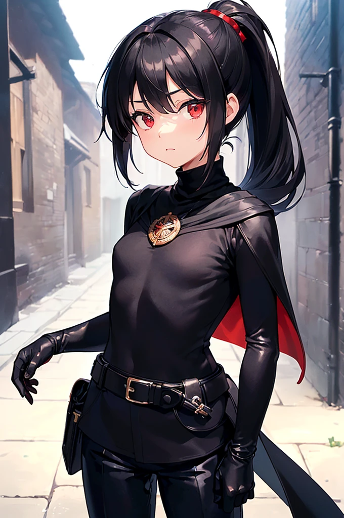(masterpiece; best quality: 1.2), (finely detailed eyes: 1.3), ((10 year old female ???)), ((solo)), (red eyes: 1.4), (body; short, slender: 1.3), (black hair in ponytail: 1.3), (beautiful and clear background: 1.2), ((depth of field)), (clothes: assassin attire + black turtleneck + black pants + small black cape + black gloves + light armor + satchel: 1.3), (anime illustration: 1.2), (background; medieval alleyway: 1.1), (extremely fine and beautiful: 1.1), (shot composition; standing + centered on torso + close-up: 1.5), (expression; calm, stoic: 1.2)