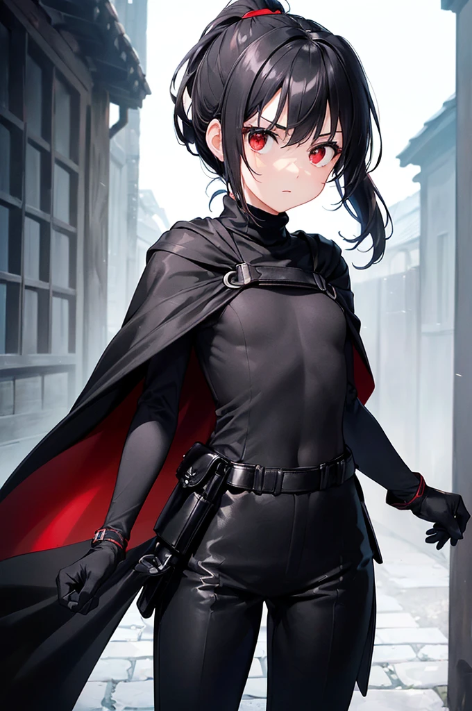 (masterpiece; best quality: 1.2), (finely detailed eyes: 1.3), ((10 year old female )), ((solo)), (red eyes: 1.4), (body; short, slender: 1.3), (black hair in ponytail: 1.3), (beautiful and clear background: 1.2), ((depth of field)), (clothes: assassin attire + black turtleneck + black pants + small black cape + black gloves + light armor + satchel: 1.3), (anime illustration: 1.2), (background; medieval alleyway: 1.1), (extremely fine and beautiful: 1.1), (shot composition; standing + centered on torso + close-up: 1.5), (expression; calm, stoic: 1.2)