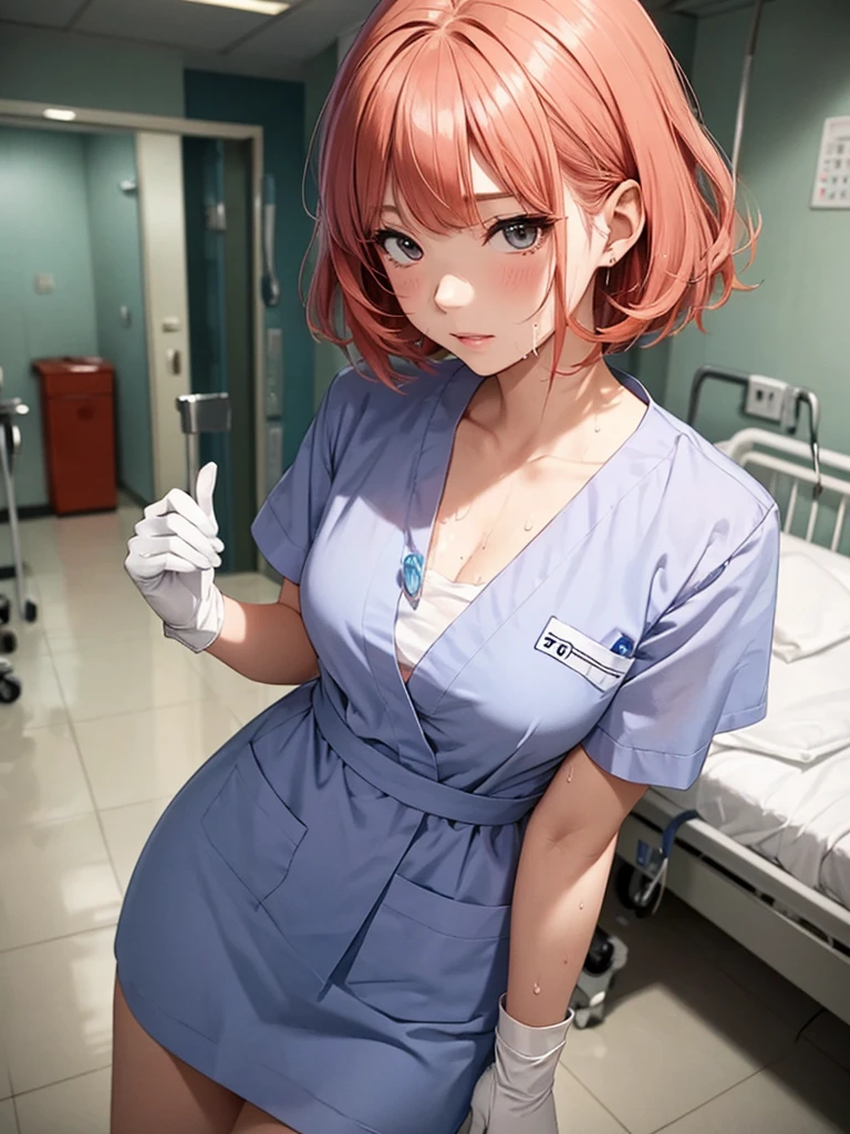 Beautiful young woman, Anime Style, Detailed face, Redhead, Wet Hair, Big eyes, pinkの目, Delicate features,One Girl, alone, nurse, pink, White gloves, Very short hair, Orange Hair, Are standing, ((Hospital room)), Sharp contours, Short sleeve, Tomboy, boyish, Highest quality, masterpiece、No hat、erotic、sexy、Low - Angle
