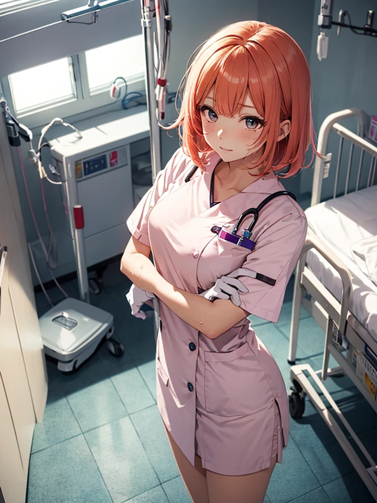 Beautiful young woman, Anime Style, Detailed face, Redhead, Wet Hair, Big eyes, pinkの目, Delicate features,One Girl, alone, nurse, pink, White gloves, Very short hair, Orange Hair, Are standing, ((Hospital room)), Sharp contours, Short sleeve, Tomboy, boyish, Highest quality, masterpiece、No hat、erotic、sexy、Low - Angle