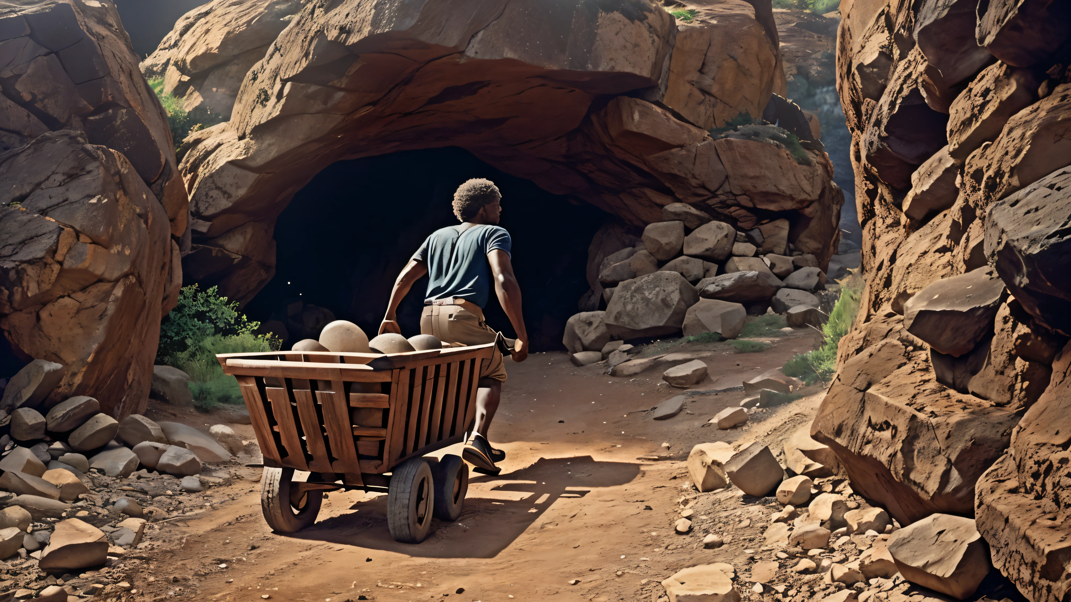 1970s, old black man running out of a cave with a wheelbarrow full of huge stones, cinematic action, cinematic lighting, backlighting, masterpiece, anatomically correct, textured skin, super detail, 8k atmospheric perspective, depth of field,