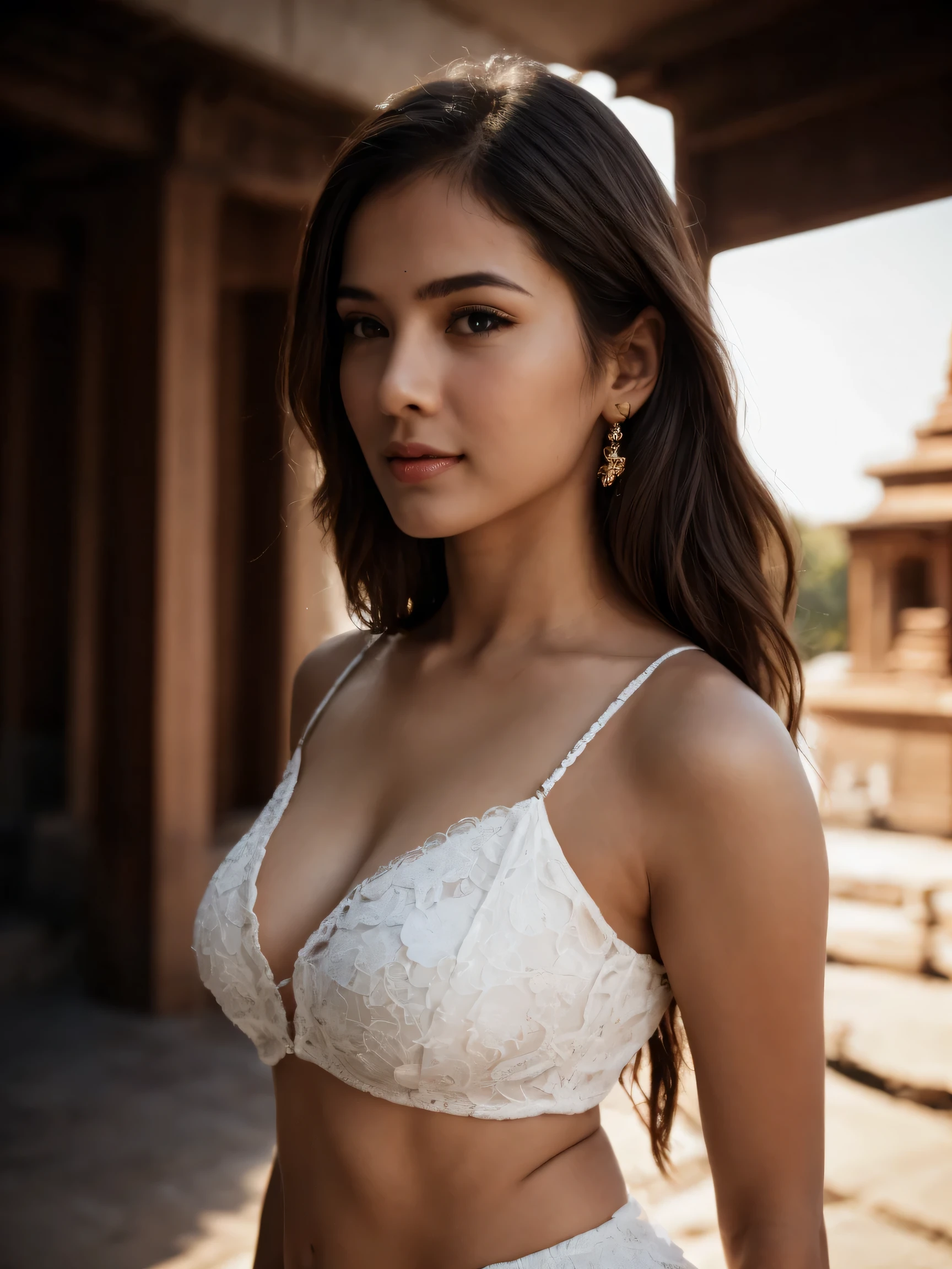 (realistic, photo-realistic:1.4), (1girl), (side view), Beauty standing in front of the temple, 1 girl, a 27-year-old Indian woman, absolute beauty, long hair, wearing a traditional dress, (moody, private study:1.3), POV, by Lee Jeffries, Nikon d850, film stock photograph ,4 Kodak Portra 400 , camera f1.6 lens , rich colors, ultra-realistic, hyper-realistic, ultra-detailed, hyper-detailed, 35mm F/28, hyper-detailed full body shot of a woman, nice face, smile, sexy body, perfect body, aesthetic body, cleavage, navel,  perfect located eyes, face focused, 8K, HD Crisp Upscale, realistic lying， RAW photography， best quality： 1.4, temple on the background , Beautiful details eye,  perfect anatomy, long hair, High-detailed, --v5, view from side, dimple on cheek