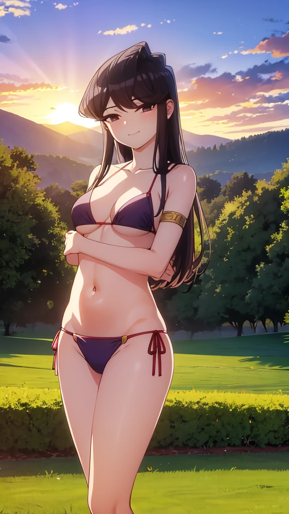 True Face Young smile Place your arms behind your head No sleeve Bikini Armor Lavish Armor Belly button Summer evening countryside Fantasy Beautiful sunset Sexy Armor