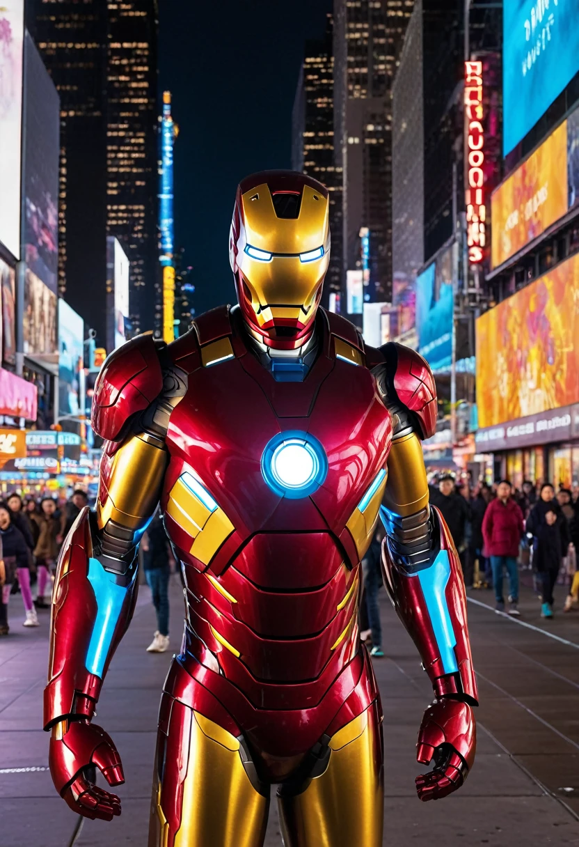 A 10-year-old Iron Man, suit gleaming and eyes wide with wonder, walked through the bustling streets of New York City at night. Neon signs flickered above, casting colorful reflections on the glassy surfaces of towering skyscrapers. People paused to snap photos, their faces illuminated by the soft glow of his arc reactor. The city's lights danced around him, creating a magical contrast between the futuristic armor and the timeless urban landscape. What adventures await this young hero as he explores the vibrant heart of the city that never sleeps?