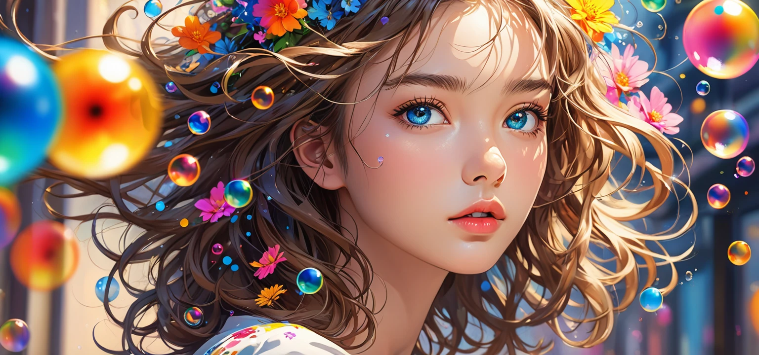 (masterpiece), (best quality), (Super detailed),(Messy hair),(illustration), (1 person), permanent, fashion model, Looking at the audience, (interview), (Detailed background),Beautiful and delicate eyes, Delicate and beautiful face, floating,(High Saturation),(Colorful splash),Colored bubbles,(shining), Focus on the face, Floating flowers, Floating hair, (shining), Optimal lighting, The best shadow, Only 1 bad