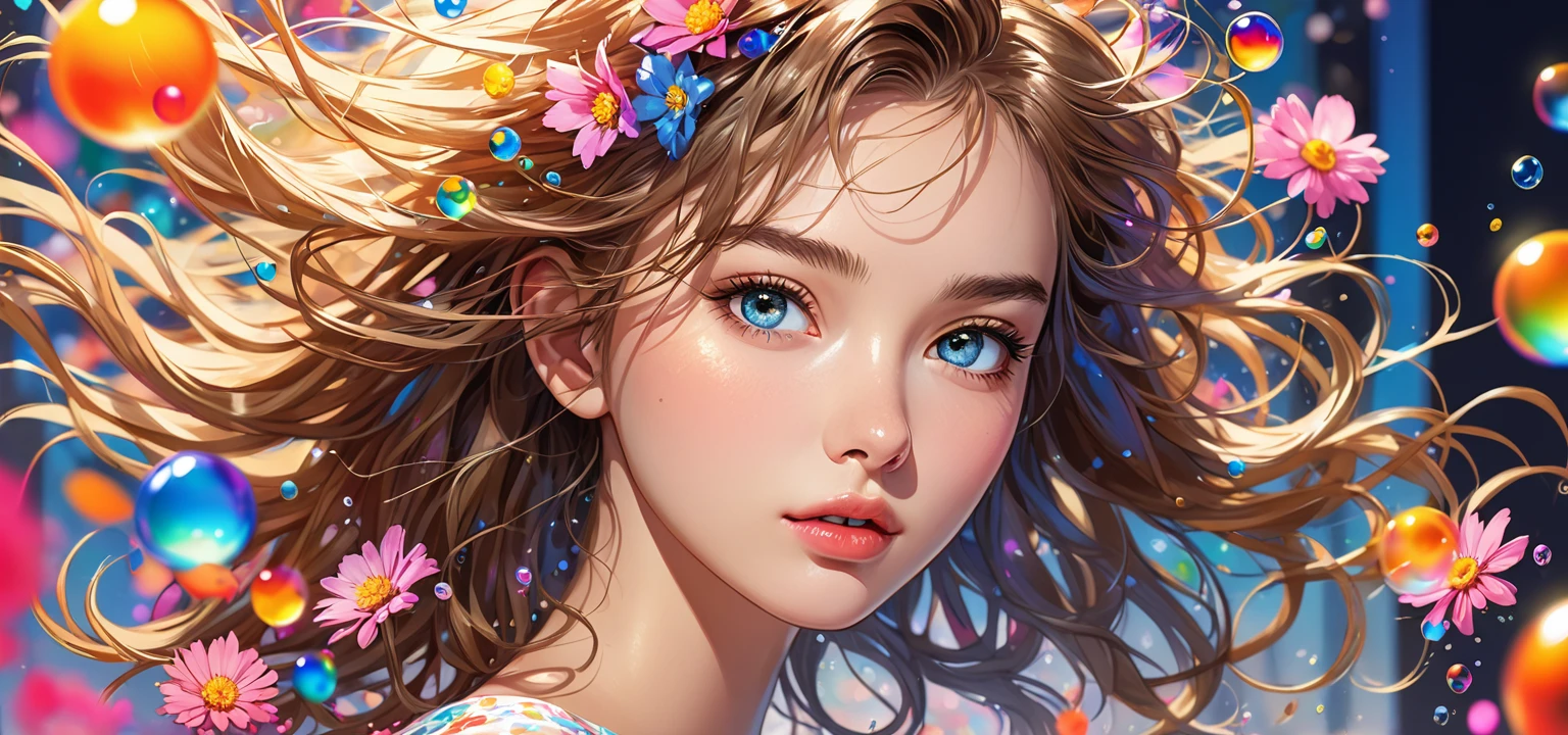 (masterpiece), (best quality), (Super detailed),(Messy hair),(illustration), (1 person), permanent, fashion model, Looking at the audience, (interview), (Detailed background),Beautiful and delicate eyes, Delicate and beautiful face, floating,(High Saturation),(Colorful splash),Colored bubbles,(shining), Focus on the face, Floating flowers, Floating hair, (shining), Optimal lighting, The best shadow, Only 1 bad