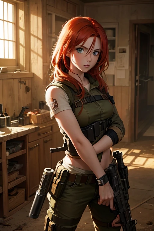 Redhead girl post apocalyptic with a gun locked on eyes green eyes golden hour action pose