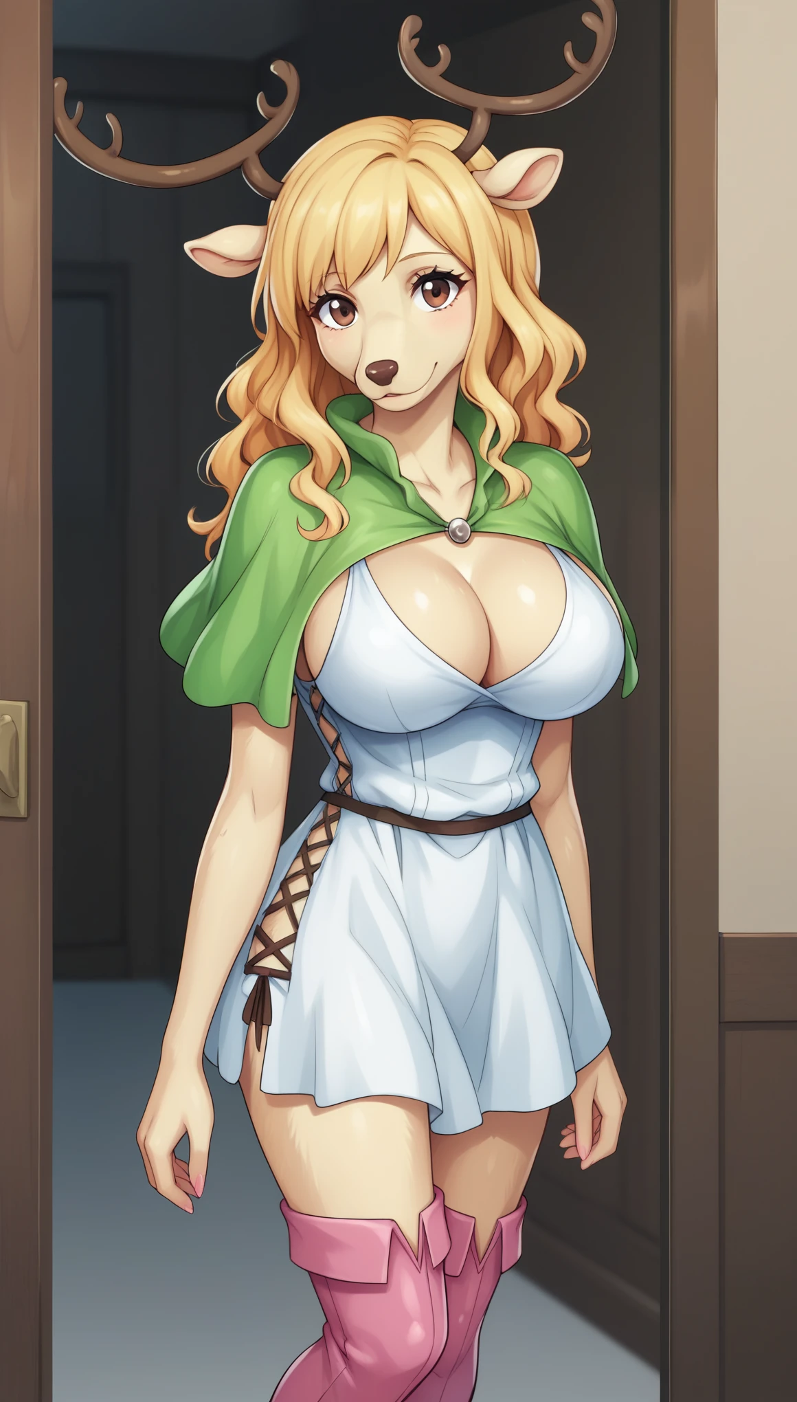 score_9, score_8_up, score_7_up, score_6_up, score_5_up, score_4_up, BREAK, MilkyOPXL, anthro furry, furry female, blonde fur, snout, brown eyes, blonde hair, long hair, bangs, deer ears, antlers, large breasts, green capelet, cleavage, white dress, pink boots, solo, standing, looking at viewer, indoors