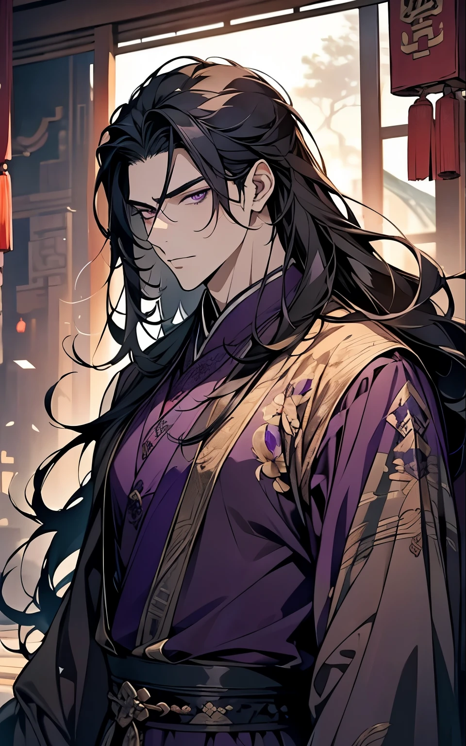 1 middle-aged man, (45 years old), long black hair, violet eyes, chinese clothes, (!PURPLE! clothes), available at purple chinese room