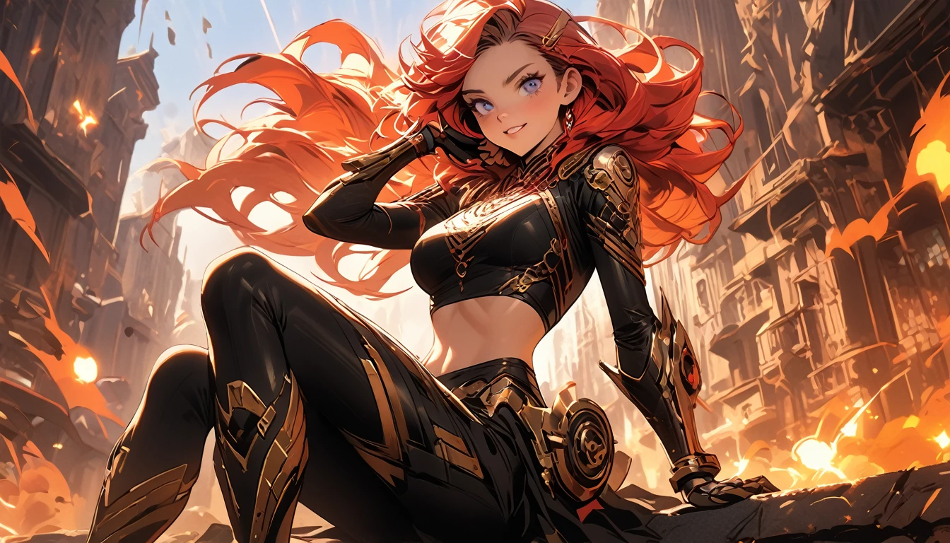 1girl, solo, masterpiece, best quality, 8k, detailed skin texture, detailed polished metal textures, light reflections off of metal surfaces, highly-detailed eyes, extremely detailed face, intricately detailed auburn hair, ultra-detailed mecha exoskeleton, beautifully detailed body, insanely detailed background, bold colors, A stunningly beautiful, extremely fit girl, with a long braided ponytail, wearing full body mechanized body armor is firing two hand cannons. (((Streaks of bright red and orange are coming out of the barrels of both weapons))) (((along with fire and smoke from the bullets exiting the guns at high velocity))). (She has large bright blue eyes):1.3, (a button nose, perfectly shaped lips):1.2, and (immaculate, flawless, brilliant-white teeth):1.15, (((gritted in determination as she battles her enemies))). (((She has a lean waist, an extremely toned midriff):1.31, slender thighs):1.32, slim calves):1.19, and (flawless large breasts):1.42, (there are laser bolts and explosions all around her):1.33, and the scene is very (chaotic:1.3), detailed line work and delicate, flowing brushstrokes, giving the artwork a dreamlike and ethereal quality the art style is heavily influenced by traditional Japanese art and calligraphy, as well as Western art movements such as Art Nouveau and Surrealism, incorporating intricate patterns and decorative elements into the artwork, as well as motifs from nature such as predators, lightning, and fire, featuring a bold palette and vivid shades of red, blue, green, and purple, also using silver and gold mettalic accents to add a sense of opulence and regality.  (((cinematic movie still, masterpiece, best quality, absurd resolution, 8k, Monte Carlo Ray Tracing:1.2, path traced subsurface scattering))), (((HDR, UHD, volumetric lighting, Unreal Engine 5, Unity Engine, Blender, octane render))), (((exquisite subject composition and use of lighting:1.4, exceptional, award-winning shading:1.38, sharp focus:1.35, low angle, 

