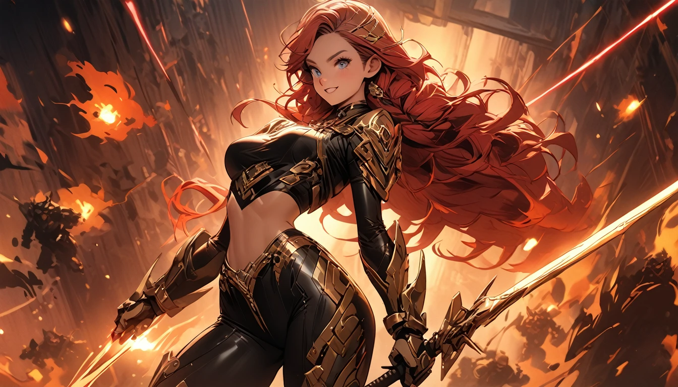 1girl, solo, masterpiece, best quality, 8k, detailed skin texture, detailed polished metal textures, light reflections off of metal surfaces, highly-detailed eyes, extremely detailed face, intricately detailed auburn hair, ultra-detailed mecha exoskeleton, beautifully detailed body, insanely detailed background, bold colors, A stunningly beautiful, extremely fit girl, with a long braided ponytail, wearing full body mechanized body armor is firing two hand cannons. (((Streaks of bright red and orange are coming out of the barrels of both weapons))) (((along with fire and smoke from the bullets exiting the guns at high velocity))). (She has large bright blue eyes):1.3, (a button nose, perfectly shaped lips):1.2, and (immaculate, flawless, brilliant-white teeth):1.15, (((gritted in determination as she battles her enemies))). (((She has a lean waist, an extremely toned midriff):1.31, slender thighs):1.32, slim calves):1.19, and (flawless large breasts):1.42, (there are laser bolts and explosions all around her):1.33, and the scene is very (chaotic:1.3), detailed line work and delicate, flowing brushstrokes, giving the artwork a dreamlike and ethereal quality the art style is heavily influenced by traditional Japanese art and calligraphy, as well as Western art movements such as Art Nouveau and Surrealism, incorporating intricate patterns and decorative elements into the artwork, as well as motifs from nature such as predators, lightning, and fire, featuring a bold palette and vivid shades of red, blue, green, and purple, also using silver and gold mettalic accents to add a sense of opulence and regality. (((cinematic movie still, masterpiece, best quality, absurd resolution, 8k, Monte Carlo Ray Tracing:1.2, path traced subsurface scattering))), (((HDR, UHD, volumetric lighting, Unreal Engine 5, Unity Engine, Blender, octane render))), (((exquisite subject composition and use of lighting:1.4, exceptional, award-winning shading:1.38, sharp focus:1.35, low angle,