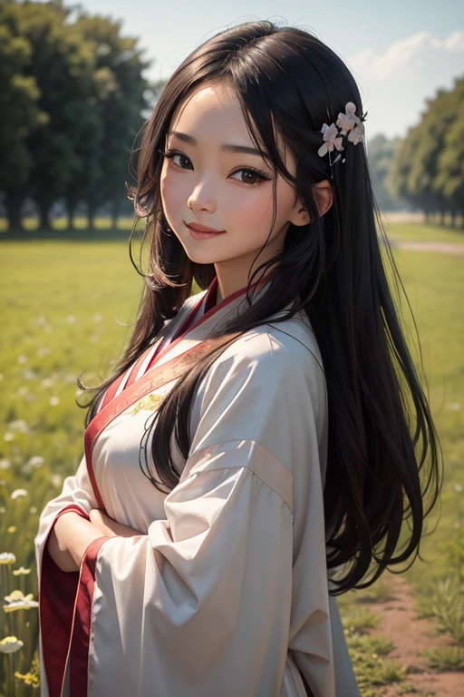 A young asian woman with long dark hair wearing a pink hanfu, smiling and posing outdoors in a grassy field with a blue sky in the background