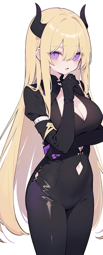 (((Long Blonde hair))),blonde hair,kawai,(((Eyes visible from bangs,hair over eyes:1.3))),,Huge breasts,(purple color eyes),,(purple slanted eyes),1girl in,bangs,long blonde hair, pantyhose,Cowboy Shot,white background,Straight hair hair,(On both sides of the head has sharp black devil horns) Using a white fox fur coat) wearing a black shirt (using black gloves) ((head bowed pose)) Ter's hair flows straight down, has two sharp black horns (slant purple eyes) Must wear a black shirt! (The black shirt sleeves are all black fabric. The shirt sleeves are folded up to the elbows.)Wearing black gloves) wearing open mouth as if in panic) wearing shiny, tight black pants (Tight black pants shine like rubber) hands down Slim body  (Arms above chest pose (all black fabric)