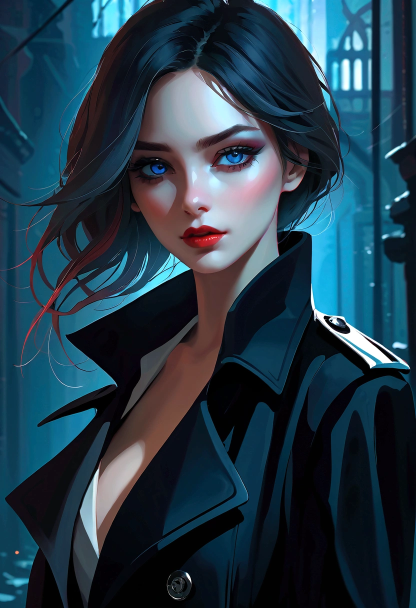 (Extremely detailed CG unity 8k wallpaper),(masterpiece), (best quality), (Extremely detailed), (Best Illustration Award),(The best shadow), A beautiful white vampire ,(Sharp eyeliner, Eyeshadow, Delicate eyes:1.1),(Black trench coat), Dark Makeup, Bright blue eyes, In a dark environment.