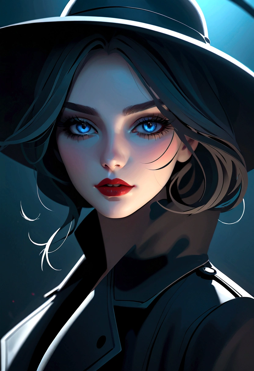 (Extremely detailed CG unity 8k wallpaper),(masterpiece), (best quality), (Extremely detailed), (Best Illustration Award),(The best shadow), A beautiful white vampire ,(Sharp eyeliner, Eyeshadow, Delicate eyes:1.1),(Black trench coat), Dark Makeup, Bright blue eyes, In a dark environment.