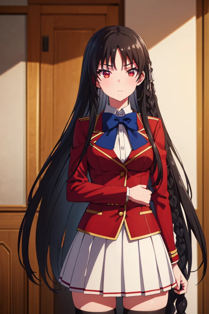 (8k, best quality, masterpiece,ultra detailed, ultra high res:1.2), 
1girl, 
long hair, braid, 
black hair, 
red eyes, slant eyes, small eyes, 
blue bow, 
medium breasts, 
red jacket, long sleeves, white skirt, pleated skirt, black thigh-high socks, 
looking at viewer, 
cowboy shot, background of indoor, 