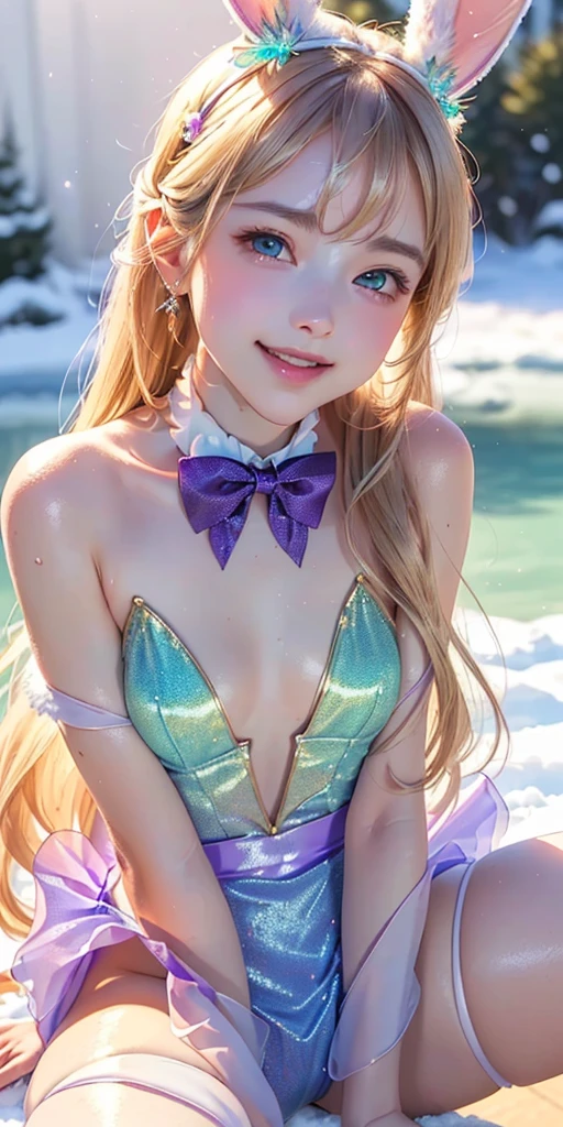 masterpiece, best quality, extremely detailed CG unity 8k wallpaper,((Upper Body)) ,((Upper Body head close-up shot of a beautiful girl)), , Elegant Long straight blonde hair, (Mckenna Grace), ((flat chest,thighs,Autoluminescence skin)),Transparent (purple-green) golden (Glittering tutu,long Bunny Ear Headgear, , Bow-tie, No pantnitals vi((sitting,spread legs)),(), (seductive smile), (A world of ice and snow), pretty face, key art, award winning, intricate detail realism hdr, by (ruan jia and artgerm and range murata), Photorealism, Hyperrealism, ultra realistic, dramatic light, intense shadows, gorgeous view, depth of field