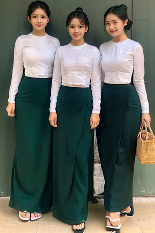 3 school teachers is 30years old.Tall, thin, big hips, , black hair, small lips, brown eyes, attractive, K.Top=white Burmese blouse,With long sleeves,Buttoned at side.Bottom=(Dark green) long skirt.
Footwear=female Burmese sandals,The hair is knotted bun.Hijab