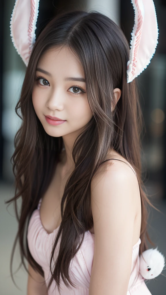 masterpiece, Highest quality, Realistic, Highly detailed CG integrates 8K, 8K,(Very beautiful face, Beautiful Lips, Beautiful Eyes), Exquisitely detailed face,1 Girl, Very beautiful girl,Exquisite eye makeup,Subtle eye detail,The best example of four fingers and one thumb,Toned figure,Nice and beautiful smile,明るいLong Hair,transparent, Quality hair,(masterpiece, Highest quality:1.2),alone,The eyes are exquisite and delicate,Brown Hair、Long Hair、Pink Lips,blue eyes,Big Breasts、Wavy Hair、(((bunny girl:1.5)))、Japanese、25-year-old female