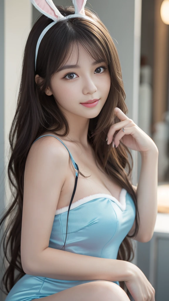 masterpiece, Highest quality, Realistic, Highly detailed CG integrates 8K, 8K,(Very beautiful face, Beautiful Lips, Beautiful Eyes), Exquisitely detailed face,1 Girl, Very beautiful girl,Exquisite eye makeup,Subtle eye detail,The best example of four fingers and one thumb,Toned figure,Nice and beautiful smile,明るいLong Hair,transparent, Quality hair,(masterpiece, Highest quality:1.2),alone,The eyes are exquisite and delicate,Brown Hair、Long Hair、Pink Lips,blue eyes,Big Breasts、Wavy Hair、(((bunny girl:1.5)))、Japanese、25-year-old female