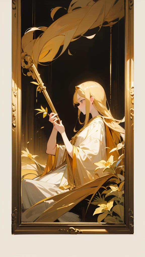 I need an antique-style golden painting hanging on a white wall in a palace, on the sides beams and flowers