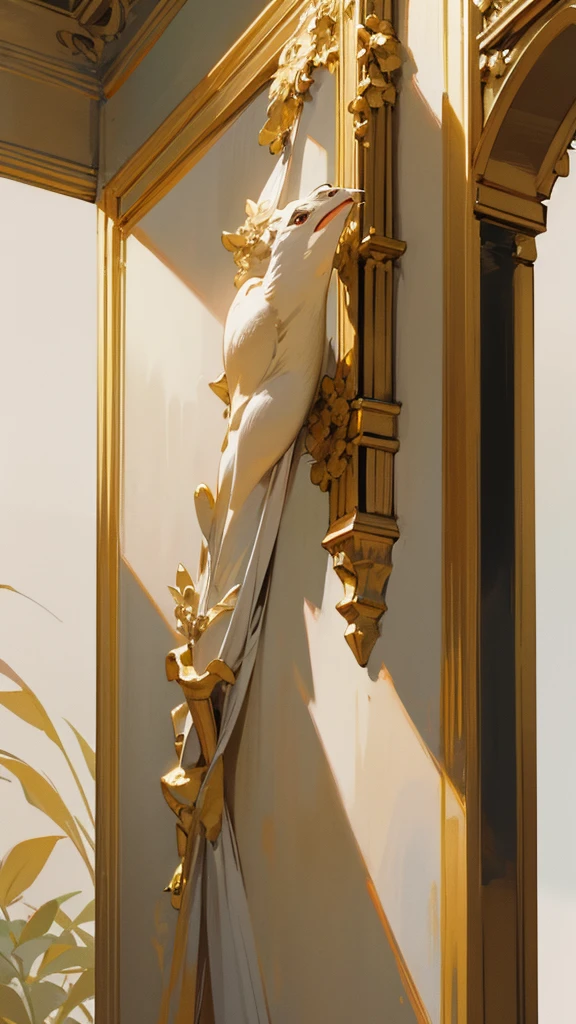 I need an antique-style golden painting hanging on a white wall in a palace, on the sides beams and flowers