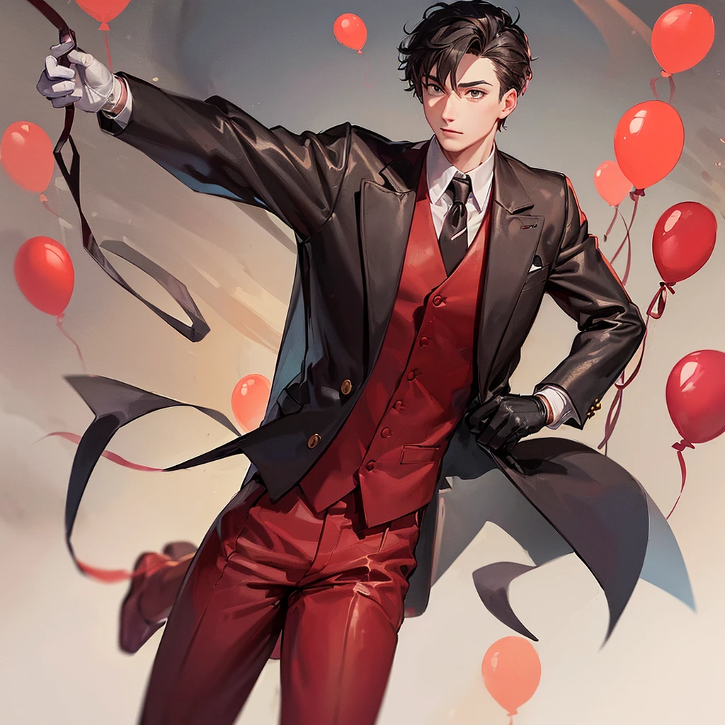 (((Highest quality))),((gentleman)),((A red balloon head with a face drawn on it with a magic marker)),((A rope sticking out from the neck)),(Khaki Suit),(Black Leather Gloves),Standing at an angle,White background