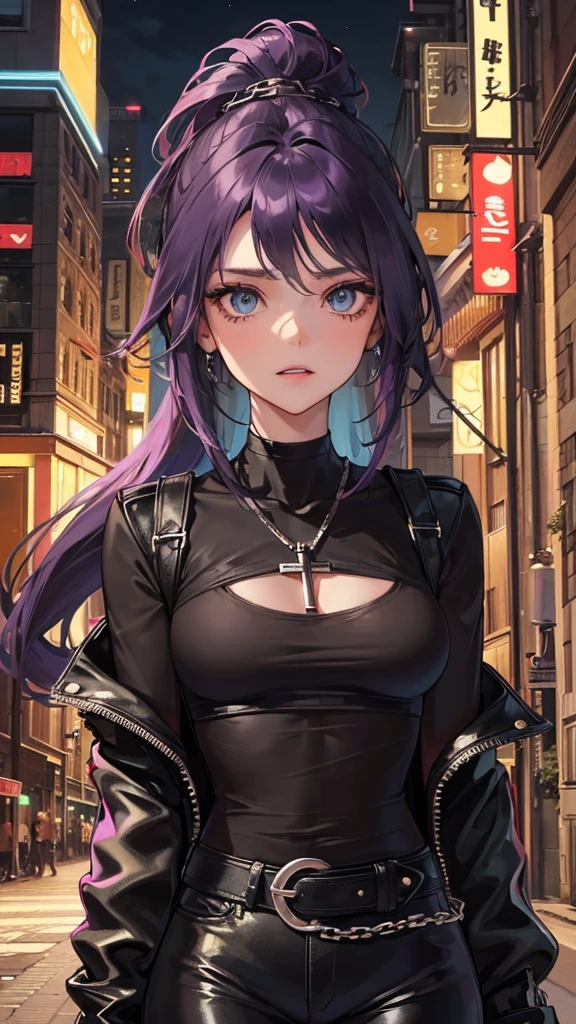 Photograph of the upper body of a beautiful woman, , big breasts), (small waist, perfect body), Sharp focus, (tall body, mature woman), ((Looking ahead)), (Highly detailed skin, hair follicles:1.4,) (long ponytail hairstyle ,Purple hair, blue eyes) , (black t-shirt:1.47),(green pants),chain , There are tears. , Cross necklace , wearing a black leather jacket, cross chain, city scenery , punk , night light , high quality ,cold expression, one leather gloves , biker style