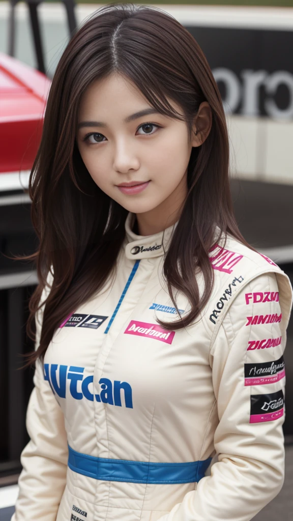masterpiece, Highest quality, Realistic, Highly detailed CG integrates 8K, 8K,(Very beautiful face, Beautiful Lips, Beautiful Eyes), Exquisitely detailed face,1 Girl, Very beautiful girl,Exquisite eye makeup,Subtle eye detail,The best example of four fingers and one thumb,Toned figure,Nice and beautiful smile,明るいLong Hair,transparent, Quality hair,(masterpiece, Highest quality:1.2),alone,The eyes are exquisite and delicate,Brown Hair、Long Hair、Pink Lips,blue eyes,Big Breasts、Wavy Hair、(((racequeen:1.0)))、Japanese、25-year-old female