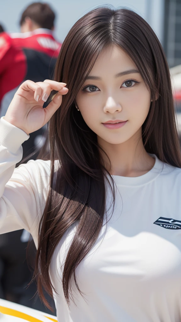 masterpiece, Highest quality, Realistic, Highly detailed CG integrates 8K, 8K,(Very beautiful face, Beautiful Lips, Beautiful Eyes), Exquisitely detailed face,1 Girl, Very beautiful girl,Exquisite eye makeup,Subtle eye detail,The best example of four fingers and one thumb,Toned figure,Nice and beautiful smile,明るいLong Hair,transparent, Quality hair,(masterpiece, Highest quality:1.2),alone,The eyes are exquisite and delicate,Brown Hair、Long Hair、Pink Lips,blue eyes,Big Breasts、Wavy Hair、(((racequeen:1.0)))、Japanese、25-year-old female