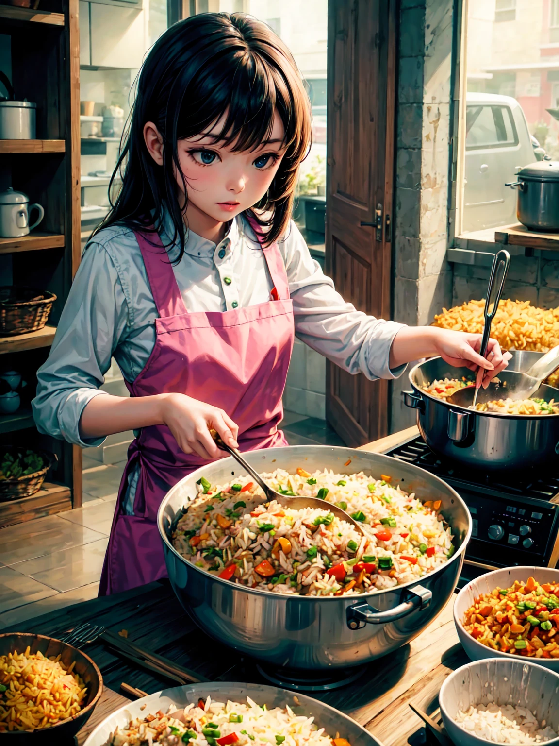Daughter making fried rice