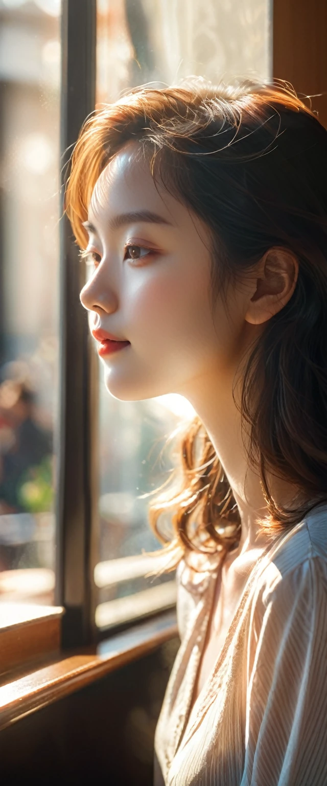 June heatwave,Beautiful girl enjoying the coolness in the cafe,(Close-up of whole head looking out the window.The moment the sun shines)Surrounded by the dazzling afternoon sun, shadow and shade textures,The whole scene looks lazy and romantic, Effortlessly elegant aesthetics.。