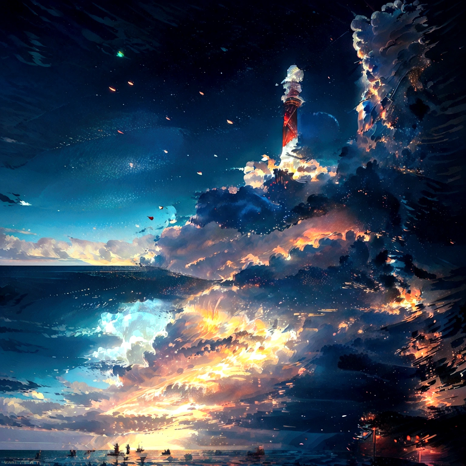 Seaside at night，Long shot，In the distance is the quiet and bright starry sky and islands，There is glowing sea water in the lower right corner of the picture，There is a lighthouse on the seaside，(There is a bright, winding path along the seaside that extends to the south，There are large patches of glowing red roses growing on the seashore)，Glowing rose petals floating on the sea，Clear edge glow rendering，Neon light effects，Strong color contrast，Emphasize the bright colors in the lower right corner，水彩画Ink splashing质感，Light and Shadow Art，Gorgeous, romantic, beautiful and dreamy atmosphere，Large game CG scenes，Light painting rendering，Light particle effects，Flowing Lights，Bright lights flashing on the seaside， Beautiful art UHD 4K， Oil painting texture，Beautiful Numbers艺术作品， A quiet night. Digital Illustration， A beautiful artistic illustration， Beautiful Numbers， Amazing wallpapers， 4k highly detailed digital art， Fantasy seascape， 4K HD illustration wallpaper， beautiful Digital Illustration,8k concept art，Utopian Fantasy Art，Ink splashing