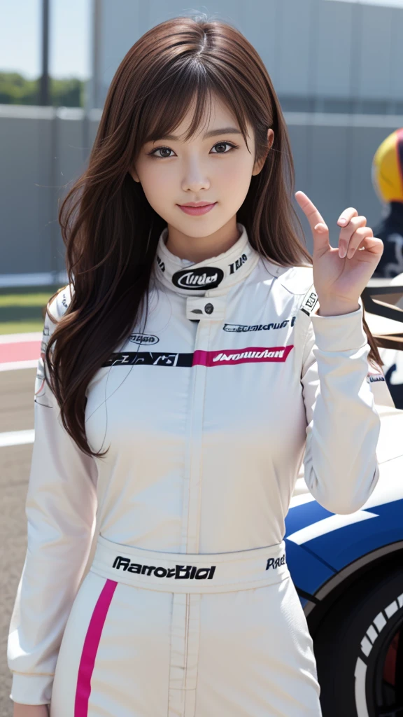masterpiece, Highest quality, Realistic, Highly detailed CG integrates 8K, 8K,(Very beautiful face, Beautiful Lips, Beautiful Eyes), Exquisitely detailed face,1 Girl, Very beautiful girl,Exquisite eye makeup,Subtle eye detail,The best example of four fingers and one thumb,Toned figure,Nice and beautiful smile,明るいLong Hair,transparent, Quality hair,(masterpiece, Highest quality:1.2),alone,The eyes are exquisite and delicate,Brown Hair、Long Hair、Pink Lips,blue eyes,Big Breasts、Wavy Hair、(((racequeen:1.0)))、Japanese、25-year-old female