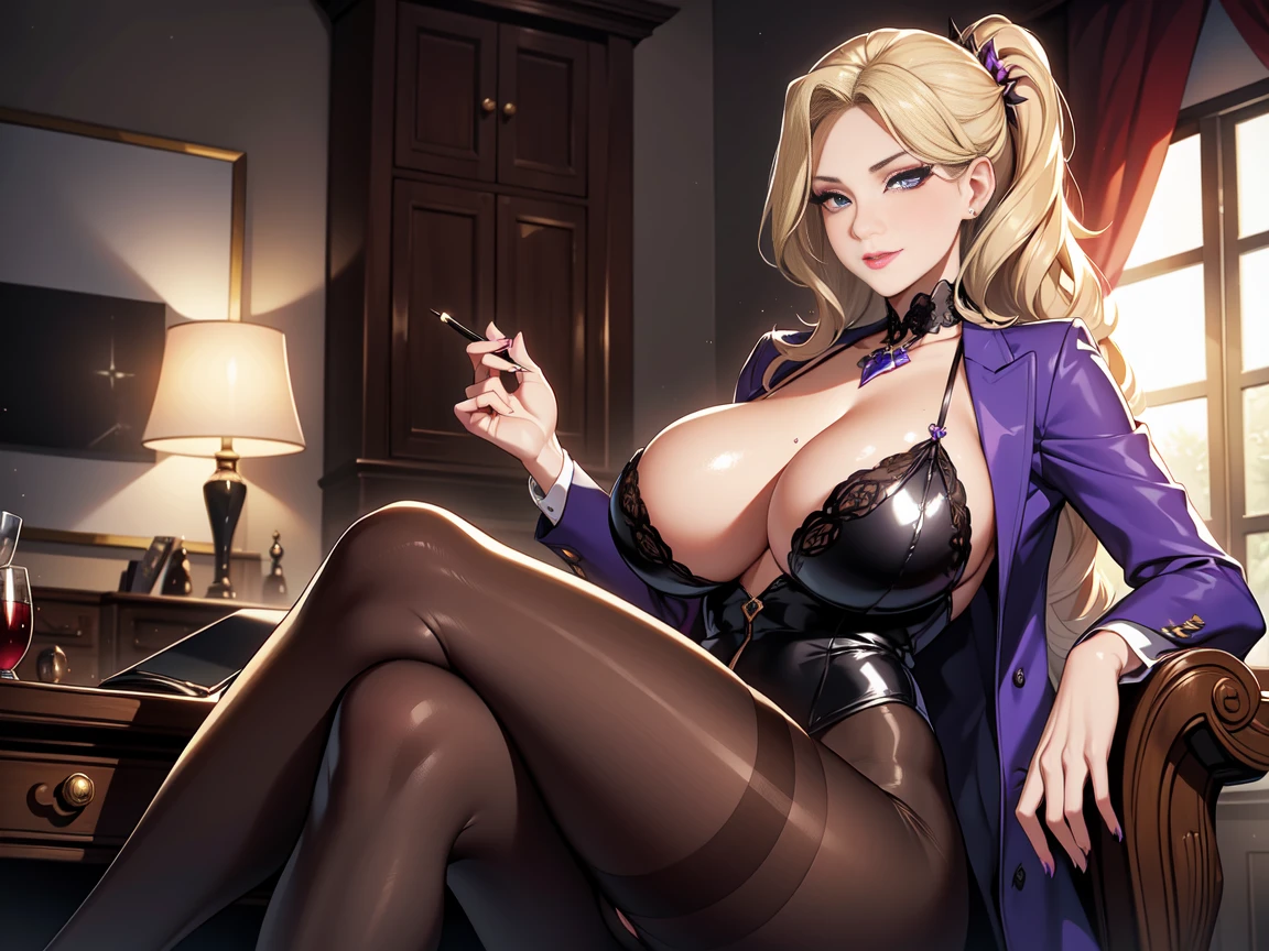 nsfw, aesthetic, Poisonous beauty, (1mature adult lady:1.1), solo, slut, hottie, voluptuous adult, evil MILF, 35yo,The female director of a corrupt hospital, (Poisonous MILF in purple suit sits on black leather chair, A woman in a purple jacket is sitting at a table holding a pile of money), Seductive toxic MILF, Beautiful and attractive MILF, perm, lob, voluminous hair, wavy blonde hair, half-up bouffant, makeup, (eyeliner:1.2), mascara, eyeshadow, Beautiful eyes, (slyly looks, Cruel grinning slit eyes, Irreverent smirk), Double eyelids, cool, sharp, long eyes, (tsurime), dark blue eyes, (Beautifully detailed eyes), highlighting the eyes, Beautifully detailed nose and nostrils, Beautifully detailed lips, (dark red lipstick:1.1), (glossy lips), BREAK, Glamor, soft and curvy, body conscious, Neck, collarbone, formal, Purple jacket, (white dress shirt), pencil suit, cleavage, huge breasts, (Fist clenched with money),Bottomless, A glimpse of the crotch area, (Light brown pantyhose), crossed legs, camel toe, bulge, red Stiletto heels, masterpiece, perfect anatomy, ideal facial features, ideally proportioned figure, perfectly beautiful body, incredibly absurd res, absolutely resolution,16k wallpaper, indoors, Chairman's Office, There's a lot of money on the fancy desk, looking down at us, Dutch angle, from diagonally below, crotch area focus,