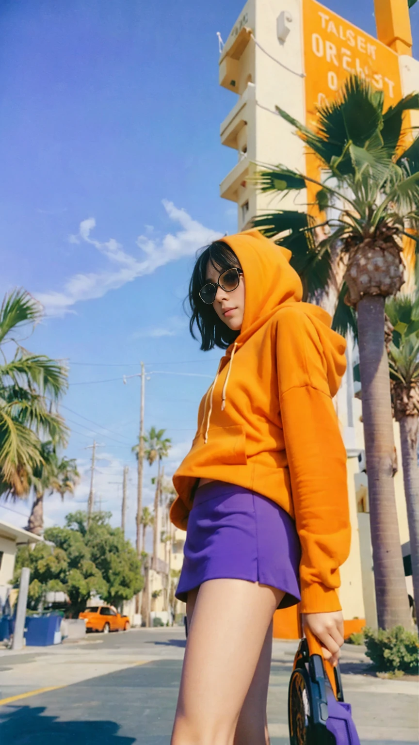 Best Quality,Masterpiece,Ultra High Resolution,(Realisticity:1.4),Original Photo, 1Girl,1 girl, wear ((orange color oversized hoodie)), (purple tennis skirt), light leak,dark intens shadow,ultra high resolution,UHD,beautiful, black bob hair, almond eye, no makeup, in front of 80's architecture colorful motel, (from below:1.2), (realistic:1.2), (surreal:1.3), (very detailed:1.1), ((masterpiece)),summer, blue sky, (palm trees),sunny, los angles vibes,thick outline. blurry photo. color slide film. 1958