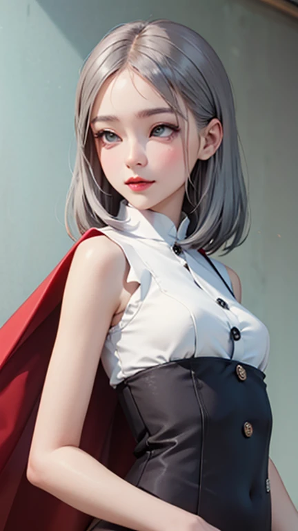 blush a little and smile, (Top quality masterpiece:1.2) Delicate illustrations, Very detailed, /Beautiful Japanese Women、1 person,Very cute and slim、Great style 、((8K images、super high quality))、Very delicate face, Skin and Hair、beautifule forehead、Red lipstick、(((((Mid-length hair、Silver Hair、lure))))),Very cute Japanese cut face、Eyes and nose are clearly visible、Kind eyes,((((Sleeveless fashion))))