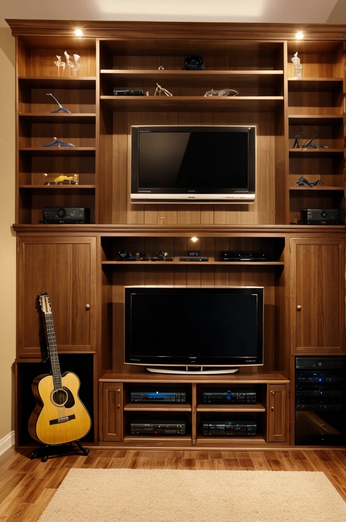 Cupboard TV on top Space for 10 bottles of Johnnie Walker wine glasses in the middle 2 guitars in the middle 72 inch LED TV Big size hooks next to the guitar and fish aquarium at the bottom Big size